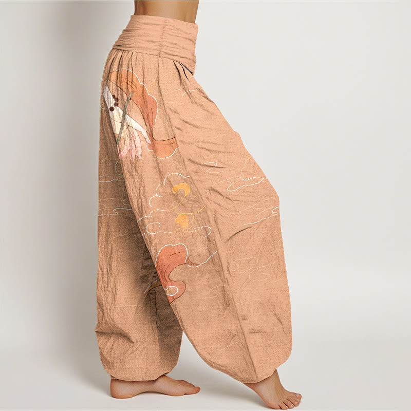 Pantalon harem à taille élastique pour femme, Buddha Stones, de fleurs de lotus en pur coton, de rubans fluides, d'un chapelet à porter à la main et d'un motif de nuages. - image 2