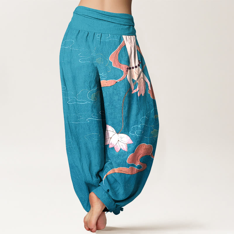 Pantalon harem à taille élastique pour femme, Buddha Stones, de fleurs de lotus en pur coton, de rubans fluides, d'un chapelet à porter à la main et d'un motif de nuages. - image 6