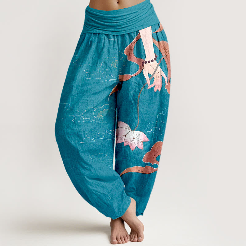 Pantalon harem à taille élastique pour femme, Buddha Stones, de fleurs de lotus en pur coton, de rubans fluides, d'un chapelet à porter à la main et d'un motif de nuages. - Bleu ciel profond - US16，UK/AU20，EU48 (3XL) - image 5