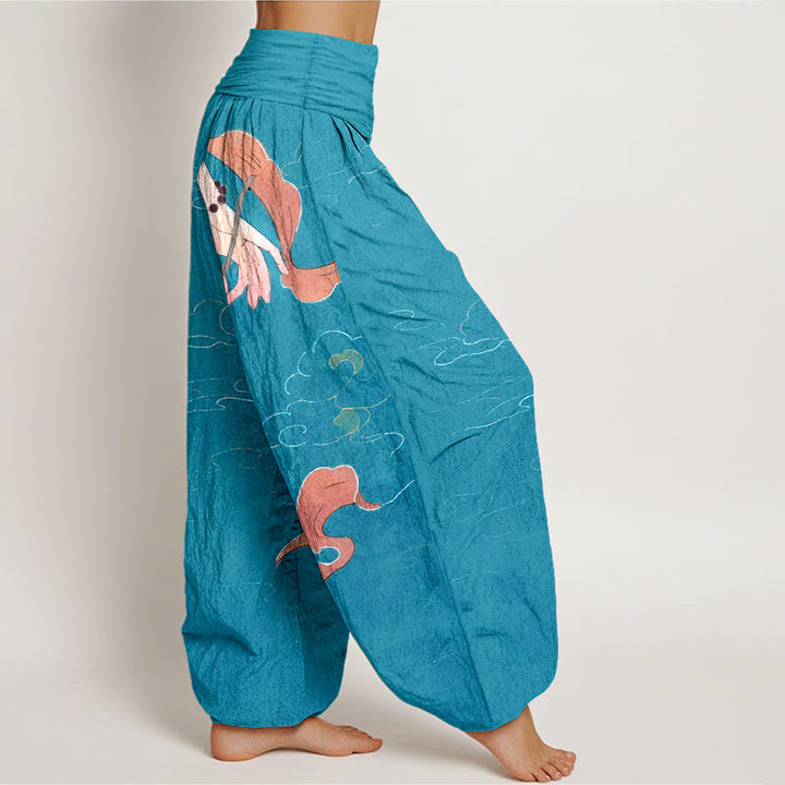 Pantalon harem à taille élastique pour femme, Buddha Stones, de fleurs de lotus en pur coton, de rubans fluides, d'un chapelet à porter à la main et d'un motif de nuages. - image 7