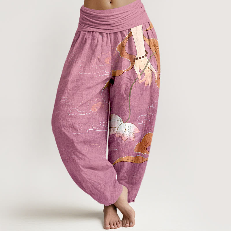 Pantalon harem à taille élastique pour femme, Buddha Stones, de fleurs de lotus en pur coton, de rubans fluides, d'un chapelet à porter à la main et d'un motif de nuages. - Rose vif - US16，UK/AU20，EU48 (3XL) - image 8
