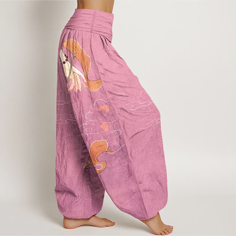 Pantalon harem à taille élastique pour femme, Buddha Stones, de fleurs de lotus en pur coton, de rubans fluides, d'un chapelet à porter à la main et d'un motif de nuages. - image 10