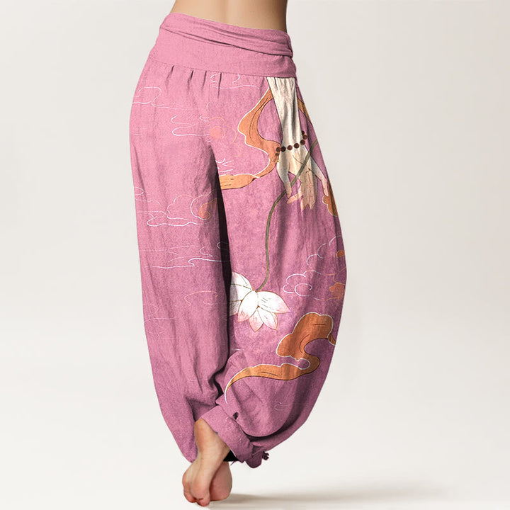 Pantalon harem à taille élastique pour femme, Buddha Stones, de fleurs de lotus en pur coton, de rubans fluides, d'un chapelet à porter à la main et d'un motif de nuages. - image 9