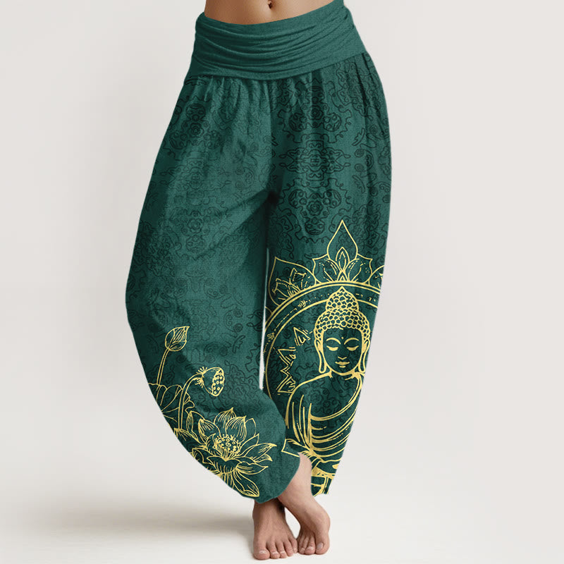 Pantalon harem pour femme en pur coton, motif classique de fleur de lotus, gousse et feuille de Buddha Stones, taille élastique. - Vert foncé - US16，UK/AU20，EU48 (3XL) - image 0