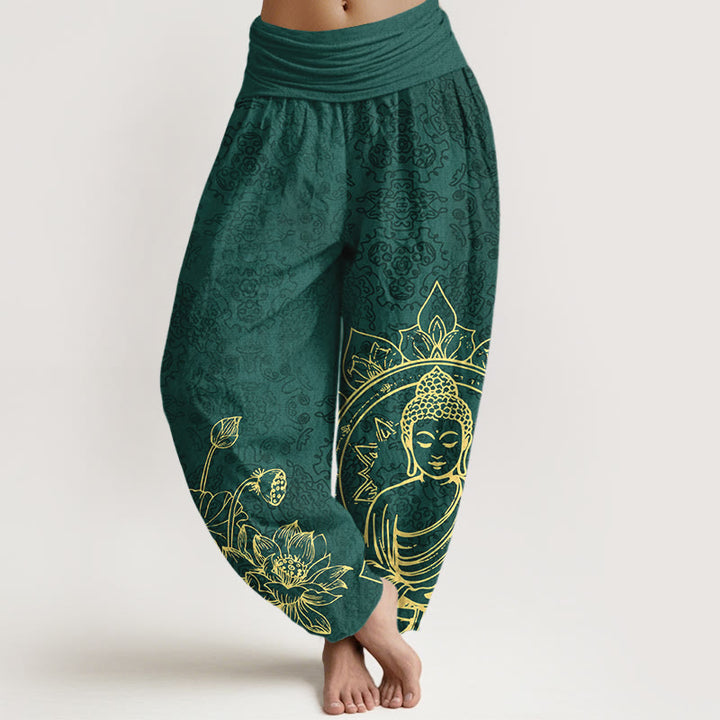 Pantalon harem pour femme en pur coton, motif classique de fleur de lotus, gousse et feuille de Buddha Stones, taille élastique. - Vert foncé - US16，UK/AU20，EU48 (3XL) - image 0