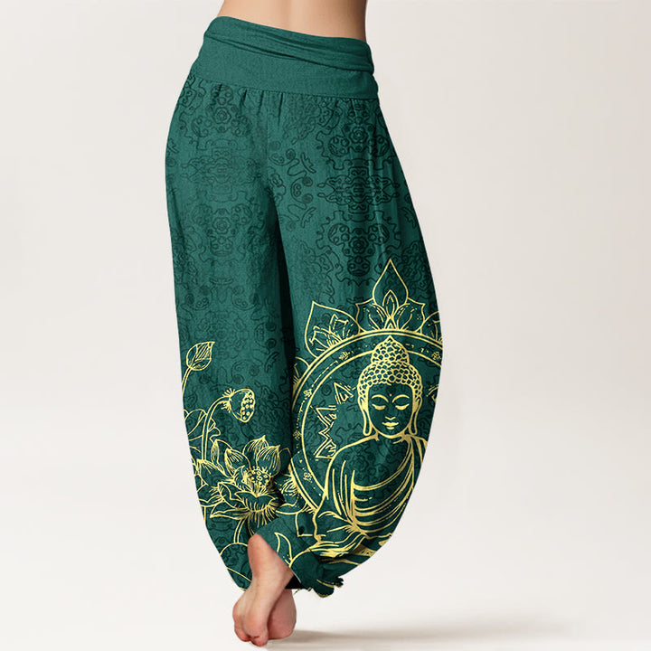 Pantalon harem pour femme en pur coton, motif classique de fleur de lotus, gousse et feuille de Buddha Stones, taille élastique. - image 1