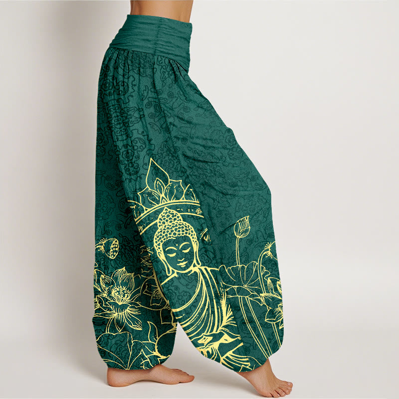 Pantalon harem pour femme en pur coton, motif classique de fleur de lotus, gousse et feuille de Buddha Stones, taille élastique. - image 2