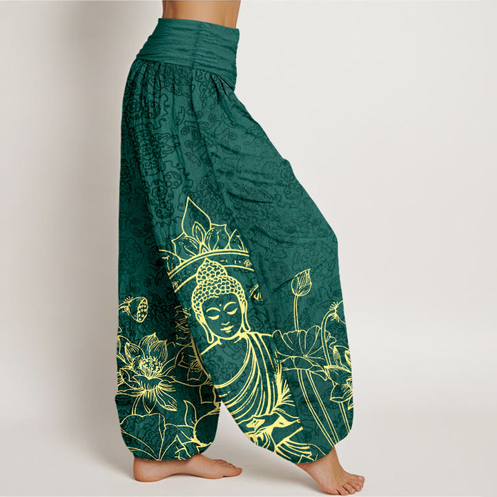 Pantalon harem pour femme en pur coton, motif classique de fleur de lotus, gousse et feuille de Buddha Stones, taille élastique. - image 2