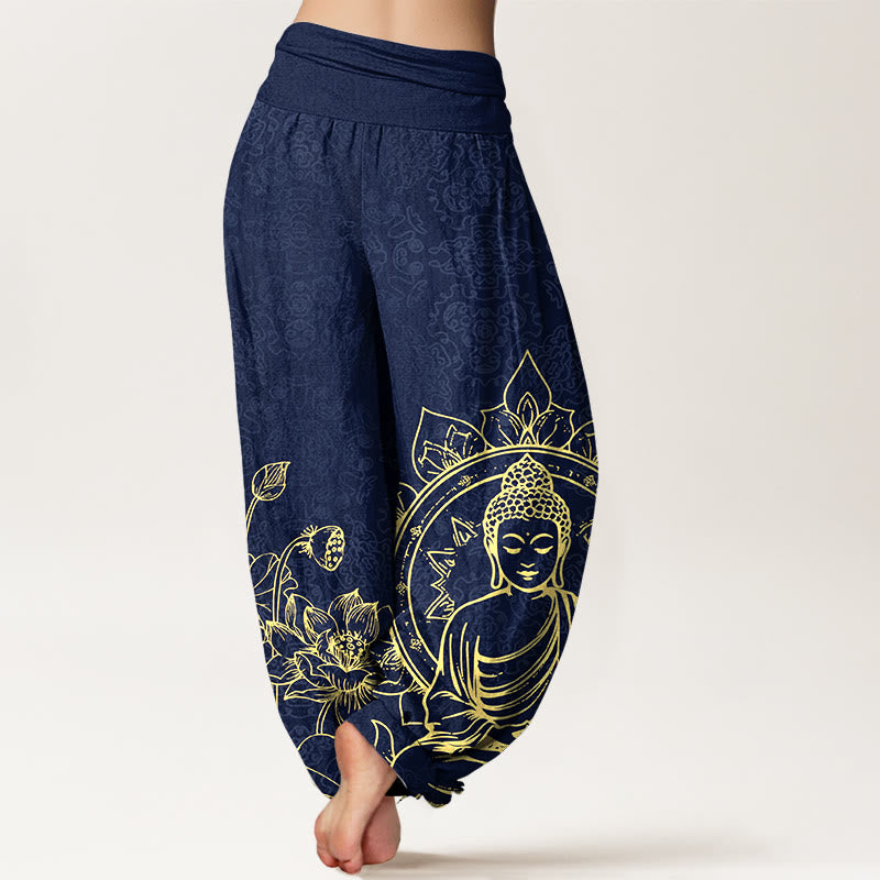 Pantalon harem pour femme en pur coton, motif classique de fleur de lotus, gousse et feuille de Buddha Stones, taille élastique. - image 6