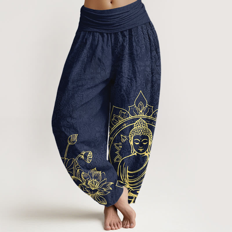 Pantalon harem pour femme en pur coton, motif classique de fleur de lotus, gousse et feuille de Buddha Stones, taille élastique. - Bleu foncé - US16，UK/AU20，EU48 (3XL) - image 5