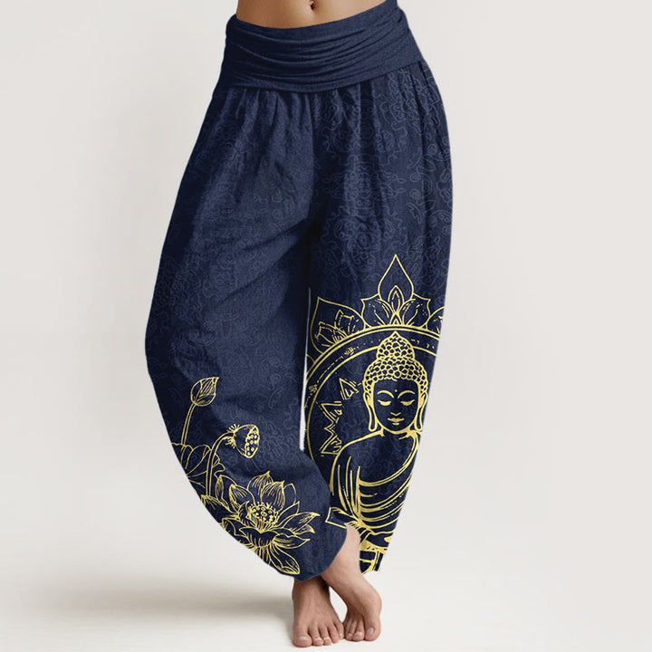 Pantalon harem pour femme en pur coton, motif classique de fleur de lotus, gousse et feuille de Buddha Stones, taille élastique. - Bleu foncé - US16，UK/AU20，EU48 (3XL) - image 5