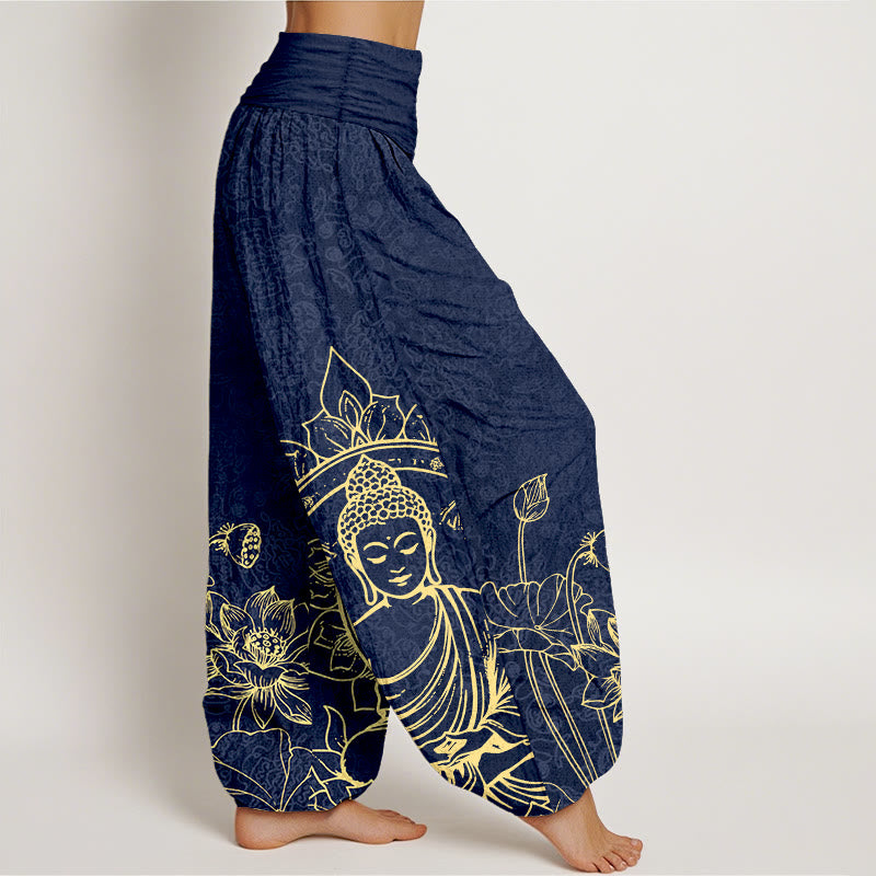Pantalon harem pour femme en pur coton, motif classique de fleur de lotus, gousse et feuille de Buddha Stones, taille élastique. - image 7