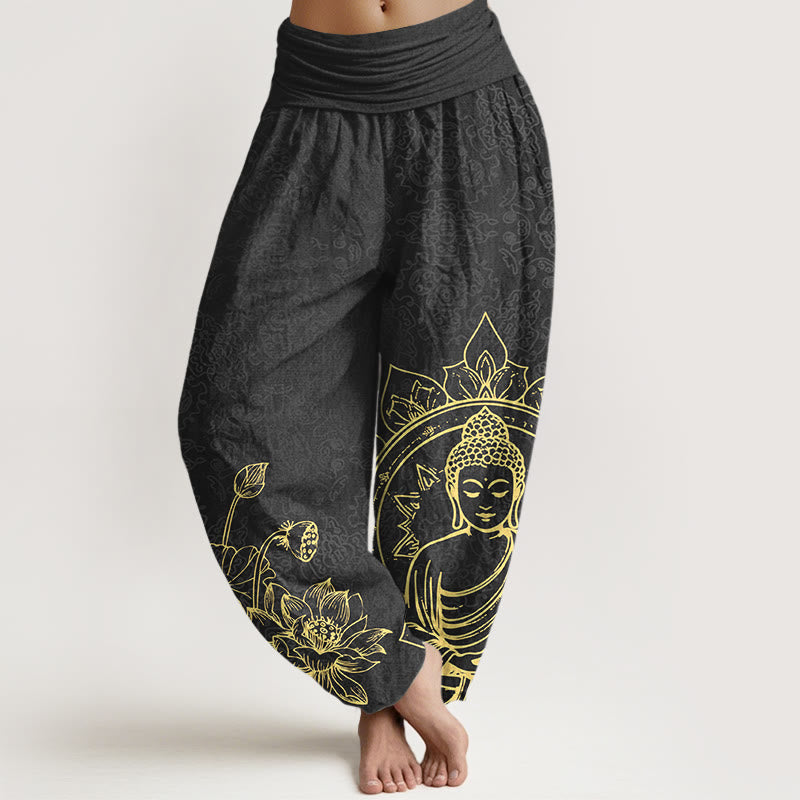 Pantalon harem pour femme en pur coton, motif classique de fleur de lotus, gousse et feuille de Buddha Stones, taille élastique. - Noir - US16，UK/AU20，EU48 (3XL) - image 8
