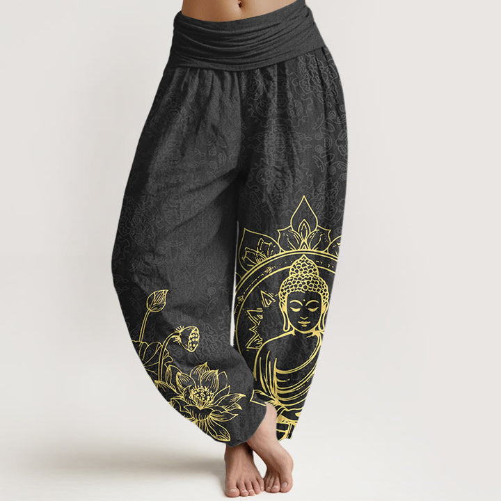 Pantalon harem pour femme en pur coton, motif classique de fleur de lotus, gousse et feuille de Buddha Stones, taille élastique. - Noir - US16，UK/AU20，EU48 (3XL) - image 8