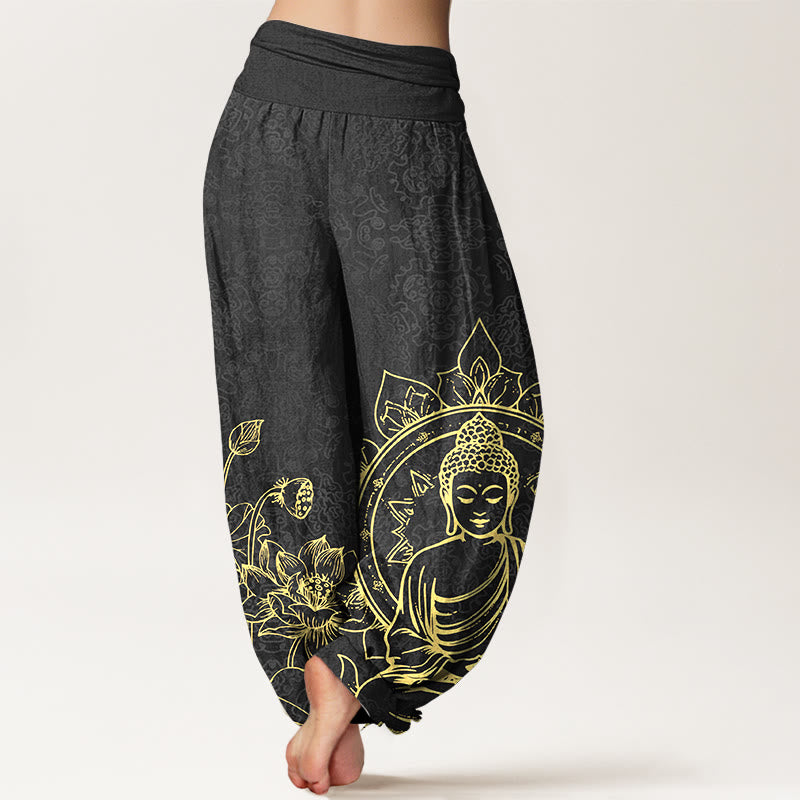 Pantalon harem pour femme en pur coton, motif classique de fleur de lotus, gousse et feuille de Buddha Stones, taille élastique. - image 9
