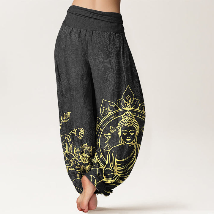 Pantalon harem pour femme en pur coton, motif classique de fleur de lotus, gousse et feuille de Buddha Stones, taille élastique. - image 9