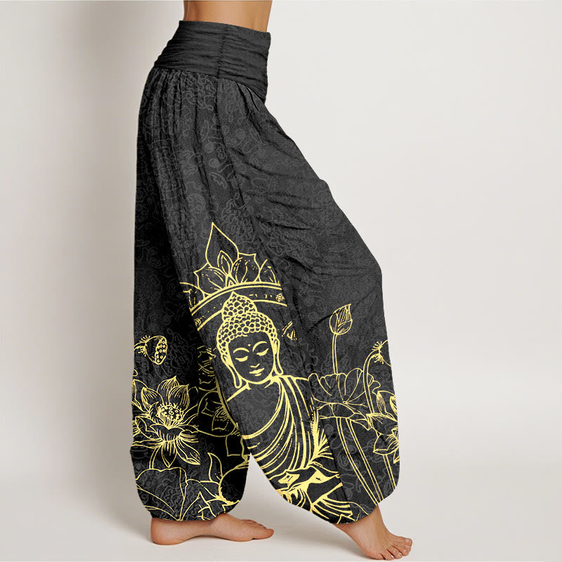 Pantalon harem pour femme en pur coton, motif classique de fleur de lotus, gousse et feuille de Buddha Stones, taille élastique. - image 10