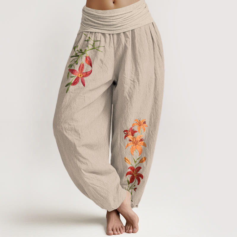 Pantalon harem pour femme en pur coton à taille élastique, orné de lys à cinq pétales et de Buddha Stones , aux couleurs vives. - Tanné - US16，UK/AU20，EU48 (3XL) - image 0