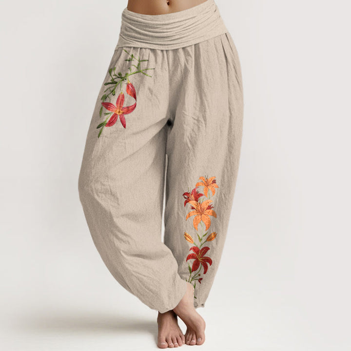 Pantalon harem pour femme en pur coton à taille élastique, orné de lys à cinq pétales et de Buddha Stones , aux couleurs vives. - Tanné - US16，UK/AU20，EU48 (3XL) - image 0