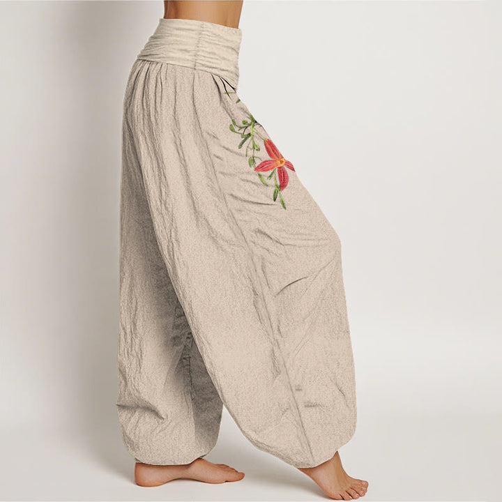 Pantalon harem pour femme en pur coton à taille élastique, orné de lys à cinq pétales et de Buddha Stones , aux couleurs vives. - image 2