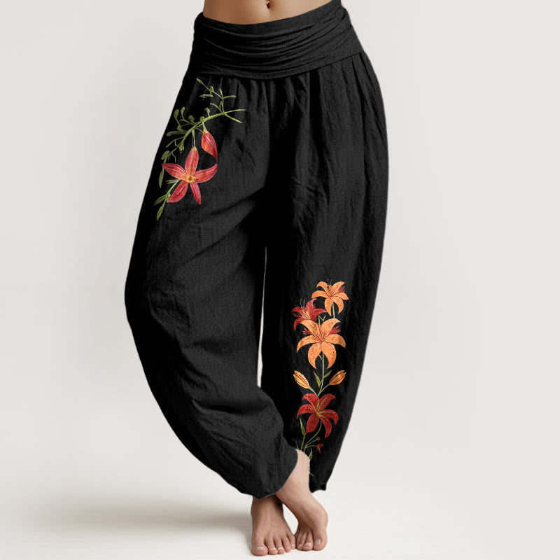 Pantalon harem pour femme en pur coton à taille élastique, orné de lys à cinq pétales et de Buddha Stones , aux couleurs vives. - Noir - US16，UK/AU20，EU48 (3XL) - image 5