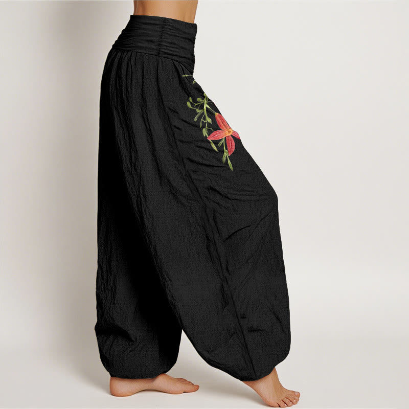Pantalon harem pour femme en pur coton à taille élastique, orné de lys à cinq pétales et de Buddha Stones , aux couleurs vives. - image 7