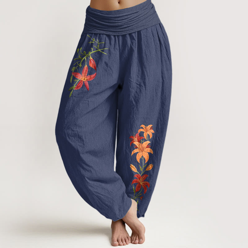 Pantalon harem pour femme en pur coton à taille élastique, orné de lys à cinq pétales et de Buddha Stones , aux couleurs vives. - Bleu ardoise foncé - US16，UK/AU20，EU48 (3XL) - image 8