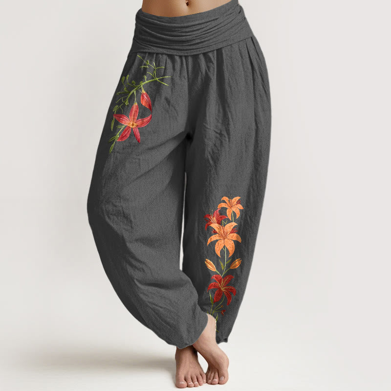 Pantalon harem pour femme en pur coton à taille élastique, orné de lys à cinq pétales et de Buddha Stones , aux couleurs vives. - Gris sombre - US16，UK/AU20，EU48 (3XL) - image 11