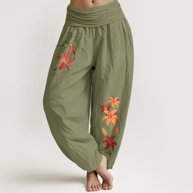 Pantalon harem pour femme en pur coton à taille élastique, orné de lys à cinq pétales et de Buddha Stones , aux couleurs vives. - Vert olive - US16，UK/AU20，EU48 (3XL) - image 14