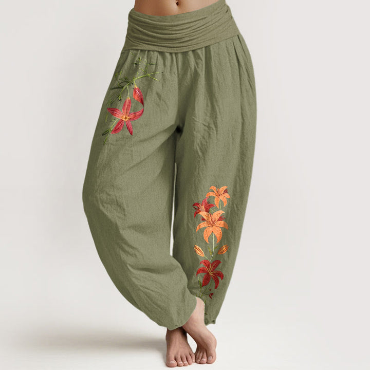 Pantalon harem pour femme en pur coton à taille élastique, orné de lys à cinq pétales et de Buddha Stones , aux couleurs vives. - Vert olive - US16，UK/AU20，EU48 (3XL) - image 14