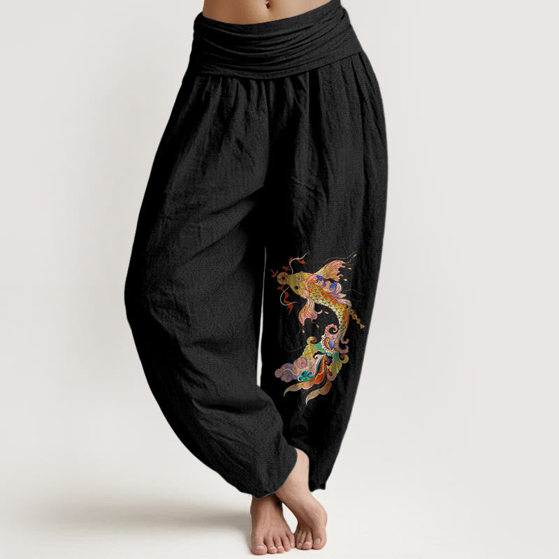 Pantalon harem pour femme à taille élastique, en pur coton, Buddha Stones , de carpes koï aux couleurs vives et de pièces de cuivre à motifs de caractères chinois. - Noir - US16，UK/AU20，EU48 (3XL) - image 0
