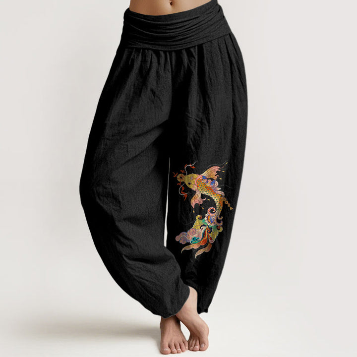 Pantalon harem pour femme à taille élastique, en pur coton, Buddha Stones , de carpes koï aux couleurs vives et de pièces de cuivre à motifs de caractères chinois. - Noir - US16，UK/AU20，EU48 (3XL) - image 0