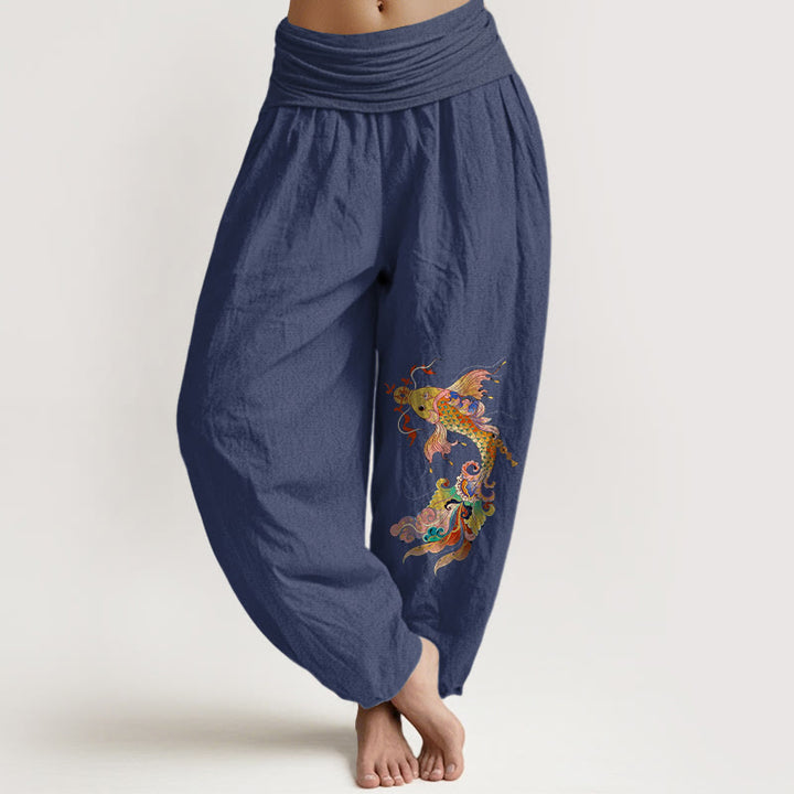 Pantalon harem pour femme à taille élastique, en pur coton, Buddha Stones , de carpes koï aux couleurs vives et de pièces de cuivre à motifs de caractères chinois. - Bleu ardoise foncé - US16，UK/AU20，EU48 (3XL) - image 5