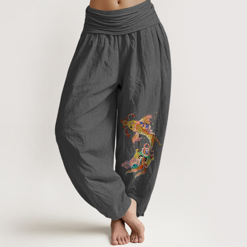 Pantalon harem pour femme à taille élastique, en pur coton, Buddha Stones , de carpes koï aux couleurs vives et de pièces de cuivre à motifs de caractères chinois. - Gris sombre - US16，UK/AU20，EU48 (3XL) - image 8