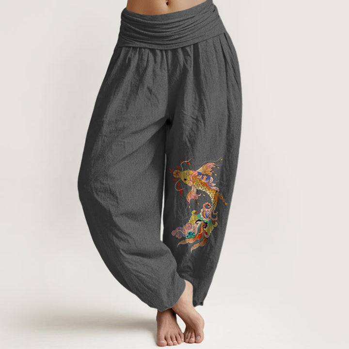 Pantalon harem pour femme à taille élastique, en pur coton, Buddha Stones , de carpes koï aux couleurs vives et de pièces de cuivre à motifs de caractères chinois. - Gris sombre - US16，UK/AU20，EU48 (3XL) - image 8