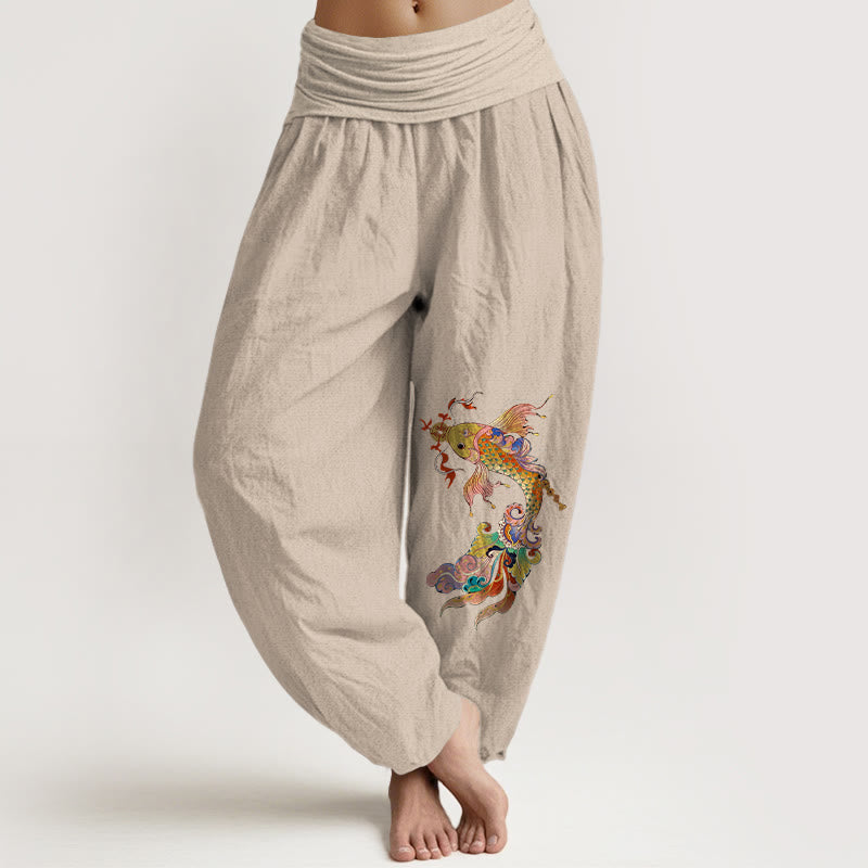 Pantalon harem pour femme à taille élastique, en pur coton, Buddha Stones , de carpes koï aux couleurs vives et de pièces de cuivre à motifs de caractères chinois. - Tanné - US16，UK/AU20，EU48 (3XL) - image 11