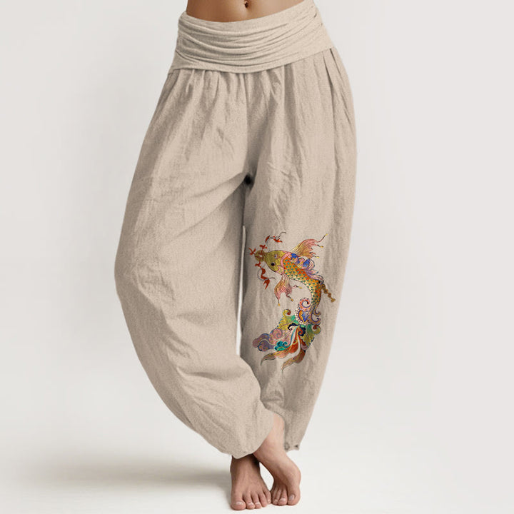 Pantalon harem pour femme à taille élastique, en pur coton, Buddha Stones , de carpes koï aux couleurs vives et de pièces de cuivre à motifs de caractères chinois. - Tanné - US16，UK/AU20，EU48 (3XL) - image 11