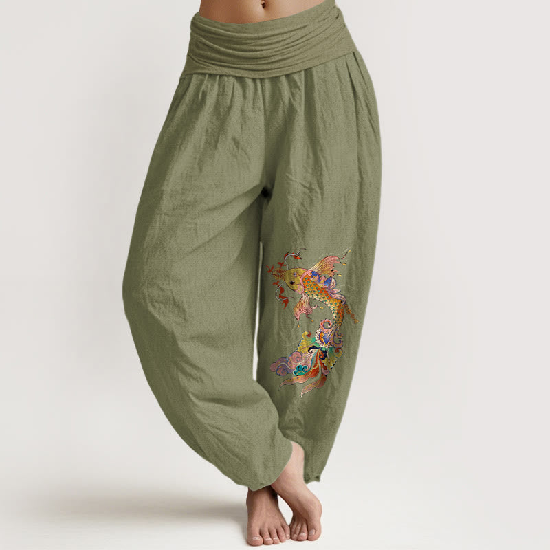 Pantalon harem pour femme à taille élastique, en pur coton, Buddha Stones , de carpes koï aux couleurs vives et de pièces de cuivre à motifs de caractères chinois. - Vert olive - US16，UK/AU20，EU48 (3XL) - image 14