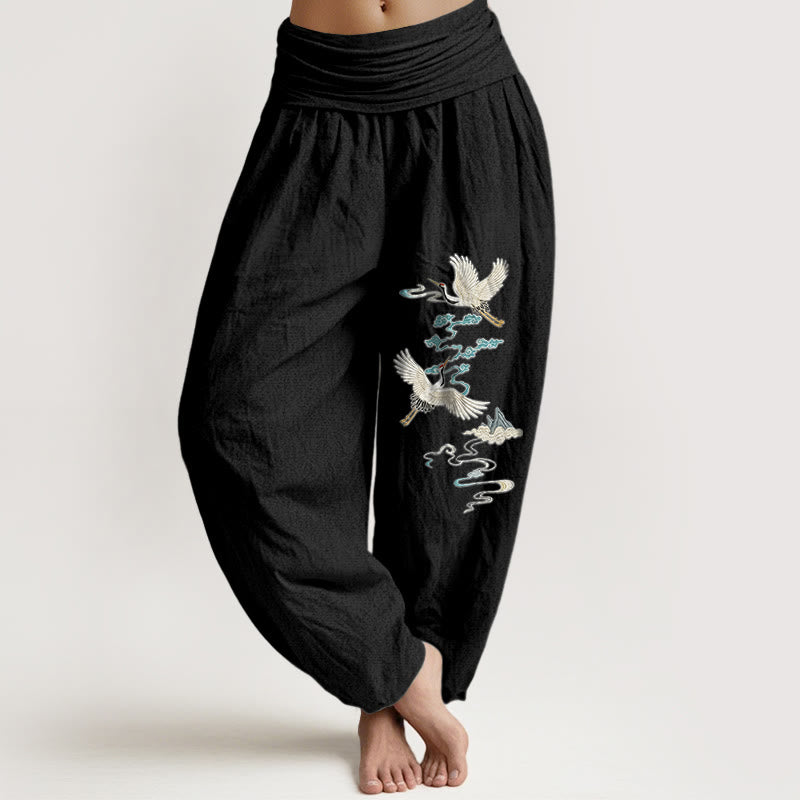 Pantalon harem pour femme, taille élastique, en pur coton, motif élégant de grues, nuages ​​et montagnes, Buddha Stones - Noir - US16，UK/AU20，EU48 (3XL) - image 0
