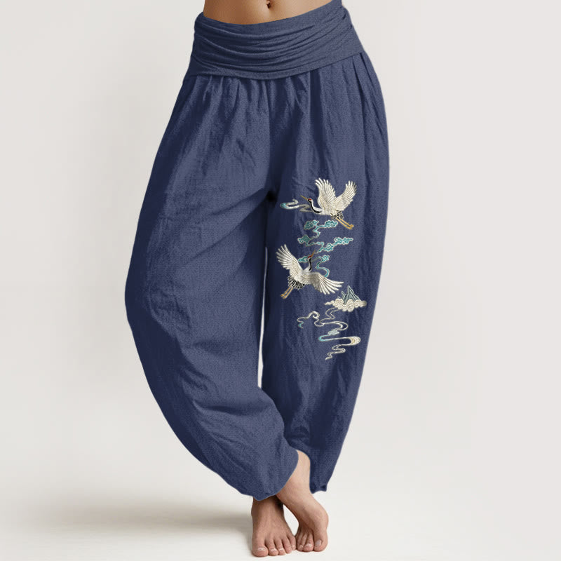 Pantalon harem pour femme, taille élastique, en pur coton, motif élégant de grues, nuages ​​et montagnes, Buddha Stones - Bleu ardoise foncé - US16，UK/AU20，EU48 (3XL) - image 5