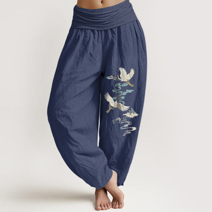 Pantalon harem pour femme, taille élastique, en pur coton, motif élégant de grues, nuages ​​et montagnes, Buddha Stones - Bleu ardoise foncé - US16，UK/AU20，EU48 (3XL) - image 5