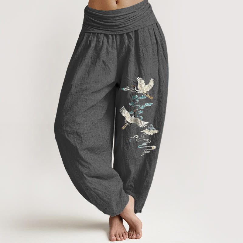 Pantalon harem pour femme, taille élastique, en pur coton, motif élégant de grues, nuages ​​et montagnes, Buddha Stones - Gris sombre - US16，UK/AU20，EU48 (3XL) - image 8