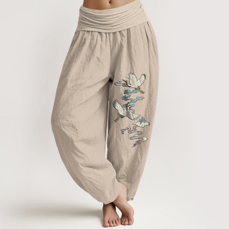 Pantalon harem pour femme, taille élastique, en pur coton, motif élégant de grues, nuages ​​et montagnes, Buddha Stones - Tanné - US16，UK/AU20，EU48 (3XL) - image 11