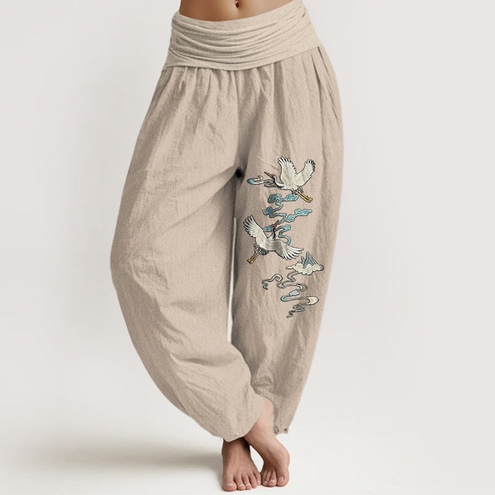 Pantalon harem pour femme, taille élastique, en pur coton, motif élégant de grues, nuages ​​et montagnes, Buddha Stones - Tanné - US16，UK/AU20，EU48 (3XL) - image 11