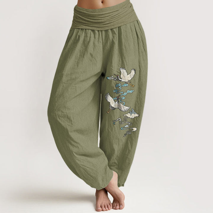 Pantalon harem pour femme, taille élastique, en pur coton, motif élégant de grues, nuages ​​et montagnes, Buddha Stones - Vert olive - US16，UK/AU20，EU48 (3XL) - image 14