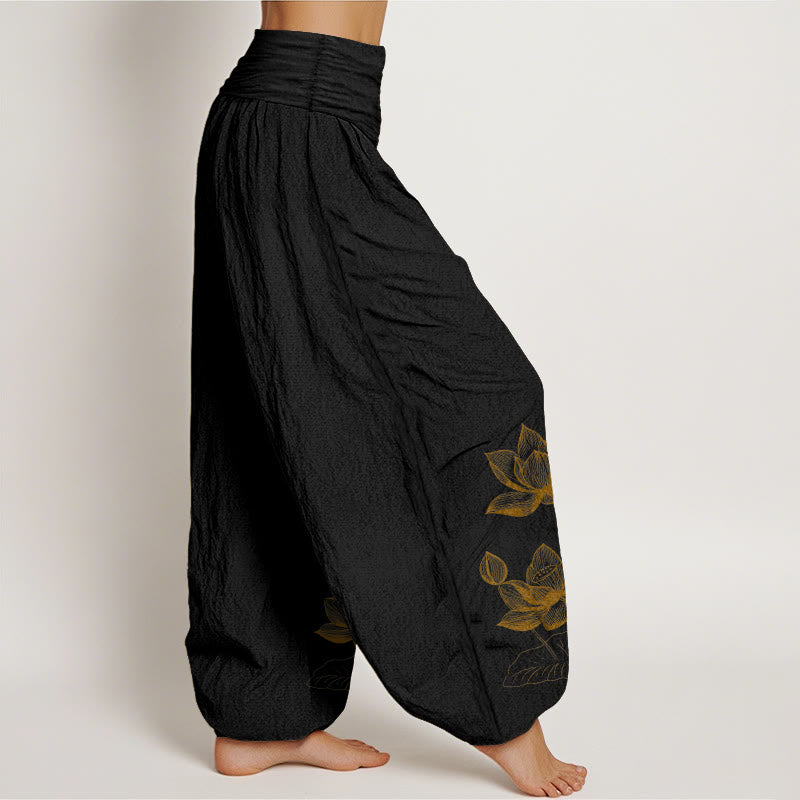 Pantalon harem à taille élastique pour femme, en pur coton, motif de fleur de lotus dessiné au trait, Buddha Stones - image 2