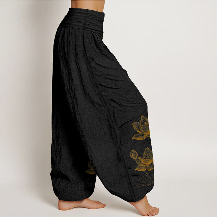 Pantalon harem à taille élastique pour femme, en pur coton, motif de fleur de lotus dessiné au trait, Buddha Stones - image 2