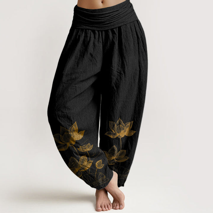 Pantalon harem à taille élastique pour femme, en pur coton, motif de fleur de lotus dessiné au trait, Buddha Stones - Noir - US16，UK/AU20，EU48 (3XL) - image 0