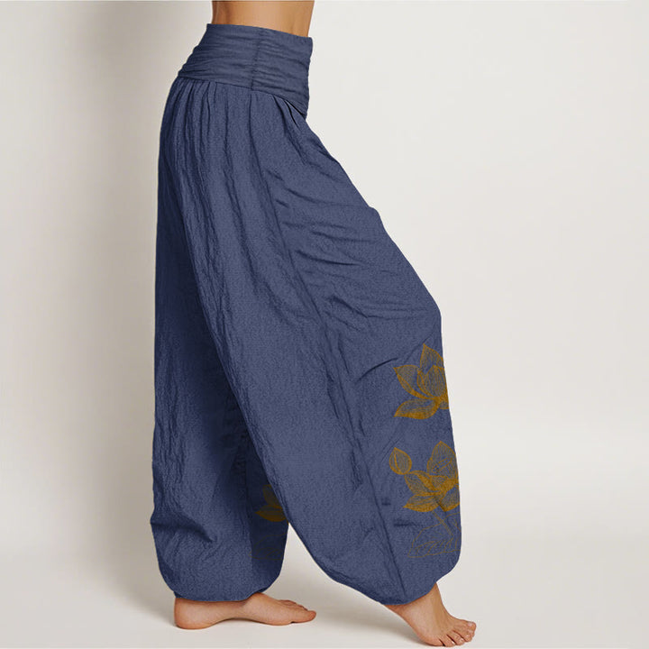 Pantalon harem à taille élastique pour femme, en pur coton, motif de fleur de lotus dessiné au trait, Buddha Stones - image 7