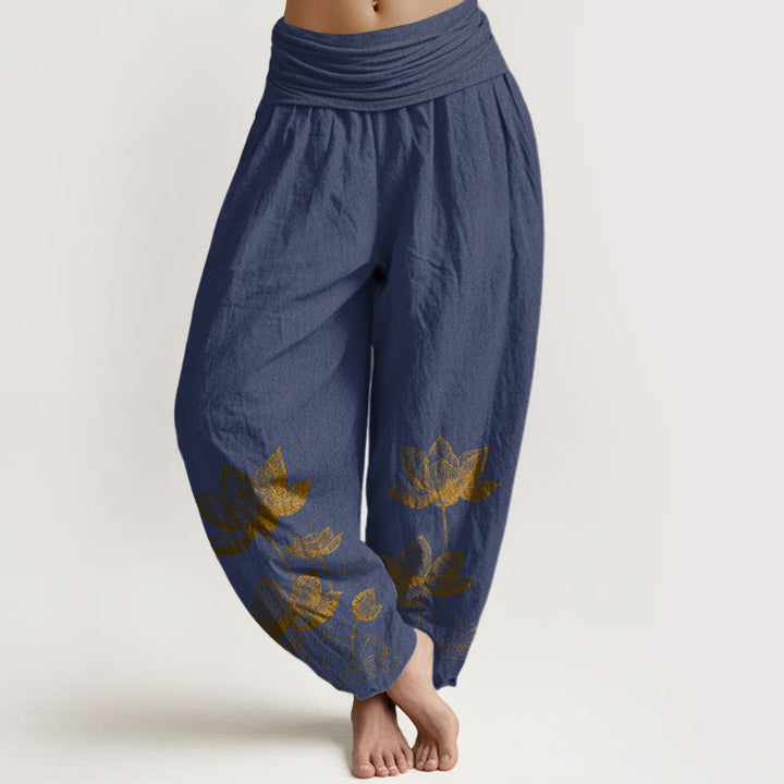 Pantalon harem à taille élastique pour femme, en pur coton, motif de fleur de lotus dessiné au trait, Buddha Stones - Bleu ardoise foncé - US16，UK/AU20，EU48 (3XL) - image 5